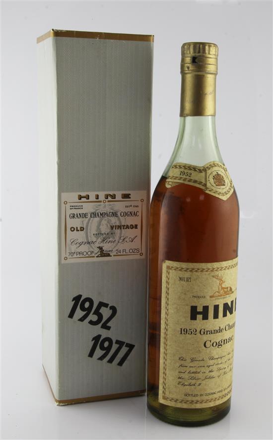 One bottle of Hine Grand Champagne Cognac, 1952,
